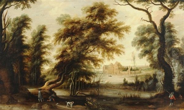 Landschaft Mit Jagern Und Schloss Im Hintergrund Oil Painting by Gysbrecht Leytens