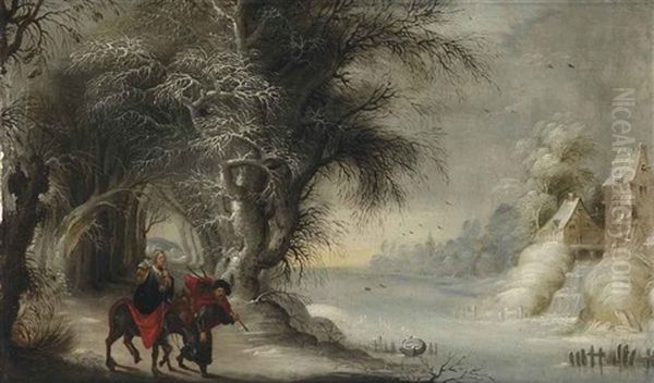 A Winter Landscape With The Flight Into Egypt Oil Painting by Gysbrecht Leytens