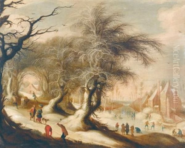 A Winter Landscape With Skaters On A Frozen River And Peasants Collecting Wood Oil Painting by Gysbrecht Leytens