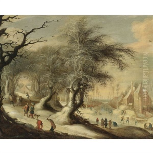 A Winter Landscape With Skaters On A Frozen River And Peasants Collecting Wood Oil Painting by Gysbrecht Leytens