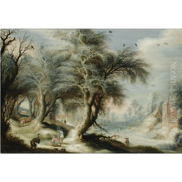 A Winter Landscape With Woodcutters On A Bank Beside A Frozen Canal, A Village To The Right Oil Painting by Gysbrecht Leytens