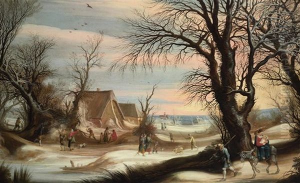 A Winter Landscape With The Flight Into Egypt Oil Painting by Gysbrecht Leytens