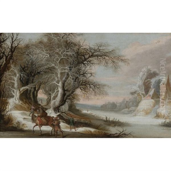 A Winter Landscape With Men Returning From The Hunt, And A Woman With A Child On Horseback Oil Painting by Gysbrecht Leytens