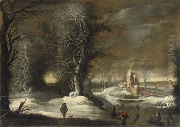 A Winter Landscape With Figures Sleighing And Skating Oil Painting by Gysbrecht Leytens