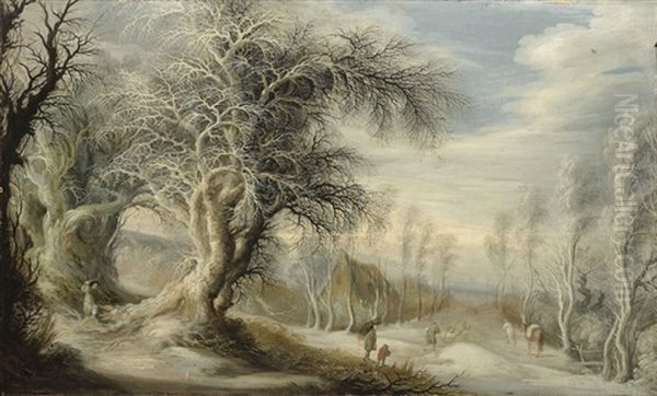 A Winter Landscape With A Woodsman And Travellers Oil Painting by Gysbrecht Leytens