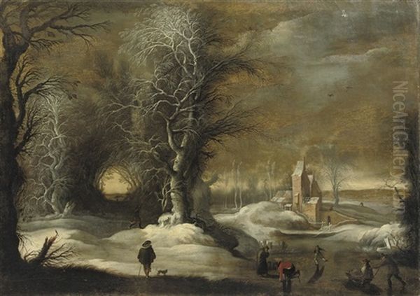 A Winter Landscape With Figures Sleighing And Skating Oil Painting by Gysbrecht Leytens