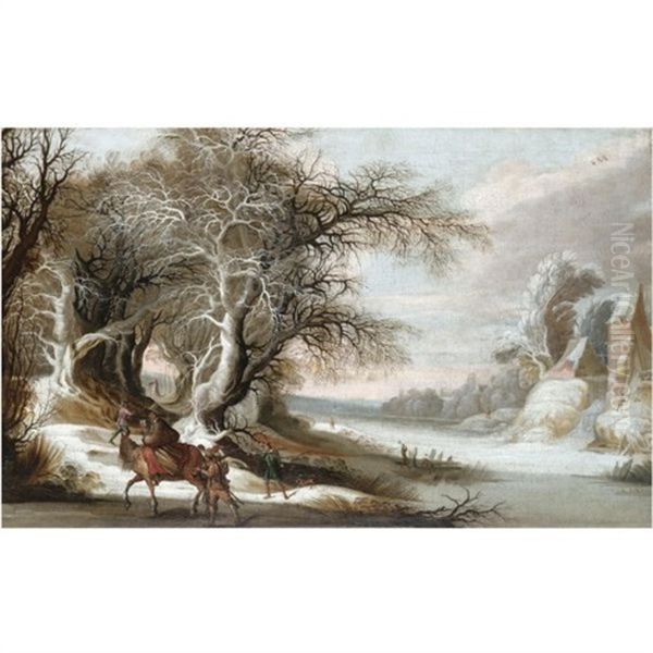 A Winter Landscape With Men Returning From The Hunt, And A Woman With A Child On Horseback Oil Painting by Gysbrecht Leytens