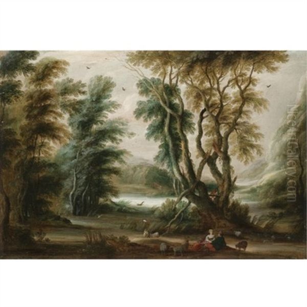 A Wooded River Landscape With A Shepherd And Shepherdess Resting Their Flock Oil Painting by Gysbrecht Leytens