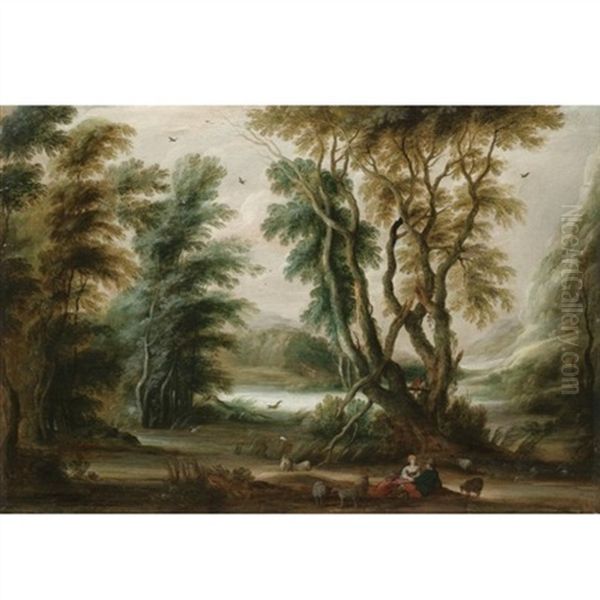 A Wooded River Landscape With A Shepherd And Shepherdess Resting Their Flock Oil Painting by Gysbrecht Leytens