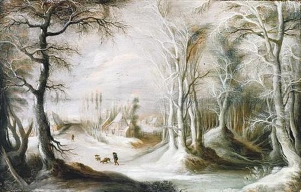 A Winter Landscape With A Peasant Walking Through Snow, A Small Village In The Background by Gysbrecht Leytens