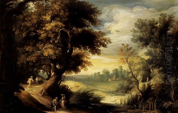 Forest Landscape With Travellers Near A Stream Oil Painting by Gysbrecht Leytens