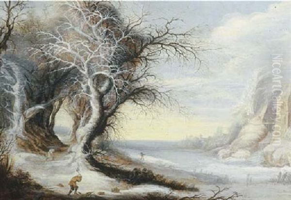 A Winter Landscape With Woodcutters By A Frozen River Oil Painting by Gysbrecht Leytens