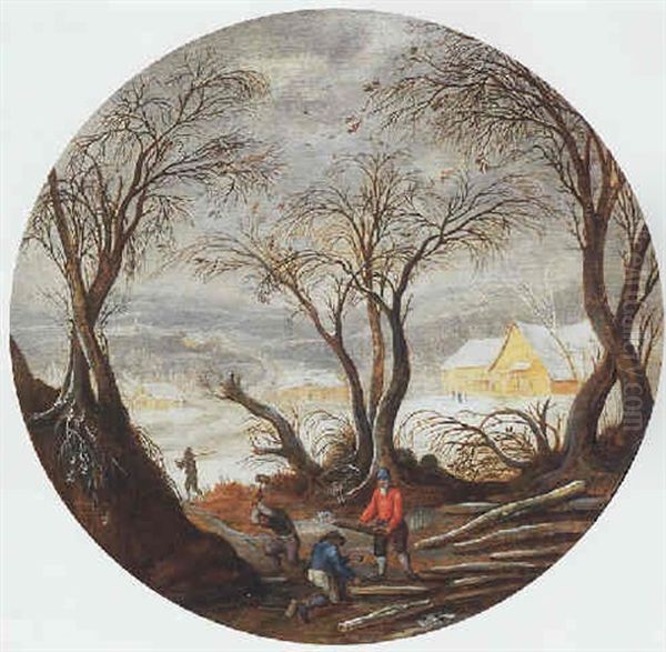 Winter: A Wooded Winter Landscape With Foresters, A Village Beyond Oil Painting by Gysbrecht Leytens