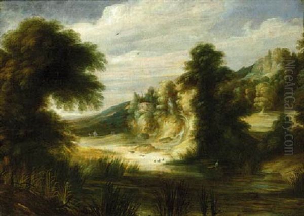 A Pool In A Wooded Landscape With Travellers In The Distance Oil Painting by Gysbrecht Leytens