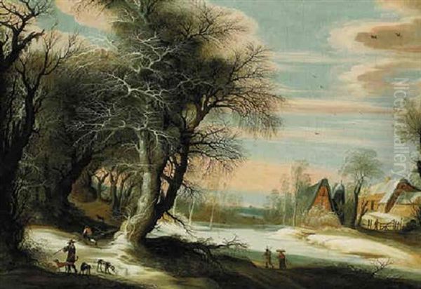 A Winter Landscape With A Barn And Travellers Passing Through, A City Beyond Oil Painting by Gysbrecht Leytens