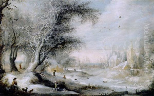 A Winter Landscape With Sportsmen On A Forest Track Near A Village, Peasants Nearby by Gysbrecht Leytens