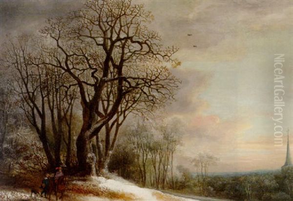 Travellers On A Snowy Path Overlooking A Valley, At Sunset Oil Painting by Gysbrecht Leytens