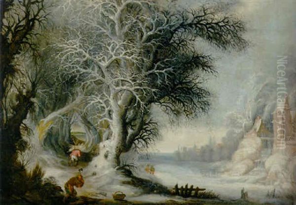 Woodcutters In A Winter Landscape, A Town Beyond Oil Painting by Gysbrecht Leytens