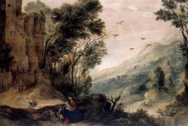 An Extensive Landscape With The Rest On The Flight Into Egypt Oil Painting by Gysbrecht Leytens