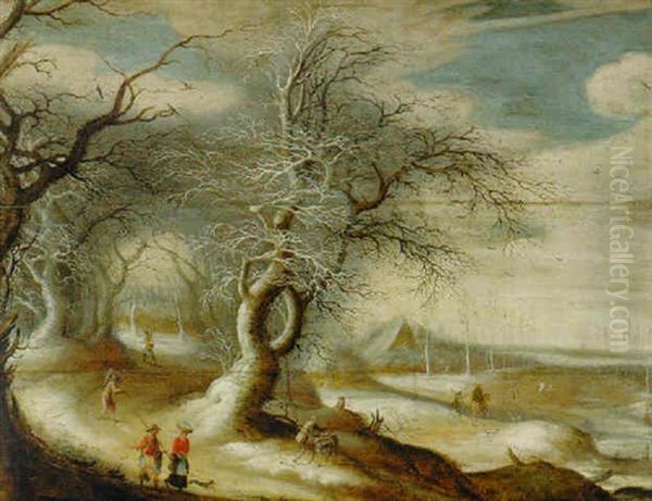 A Winter Wooded Landscape With Faggot-gatherers And Peasants On Paths Oil Painting by Gysbrecht Leytens