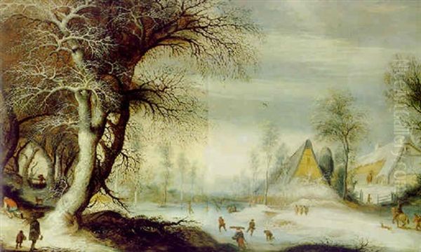 Bewaldete Winterlandschaft Mit Schlittschuhlaufern Auf Einem Zugefrorenen Fluslauf Oil Painting by Gysbrecht Leytens