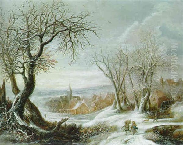 A Winter Landscape With Peasants, A Village Beyond Oil Painting by Gysbrecht Leytens