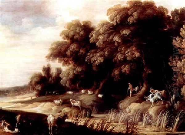 A Wooded Landscape Wit Herdsmen And Herd Oil Painting by Gysbrecht Leytens