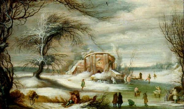 Skaters And Children On Sledges In The Ice By A Farm Oil Painting by Gysbrecht Leytens