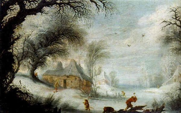 Faggot Gatherers In A Winter Landscape Oil Painting by Gysbrecht Leytens