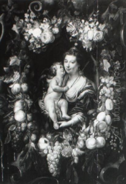 The Madonna And Child Set In A Cartouche Surrounded By A Floral Garland Oil Painting by Gysbrecht Leytens