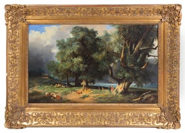 Untitled (landscape With Figures) Oil Painting by M. de Lezay-Marnesia de Nettancourt