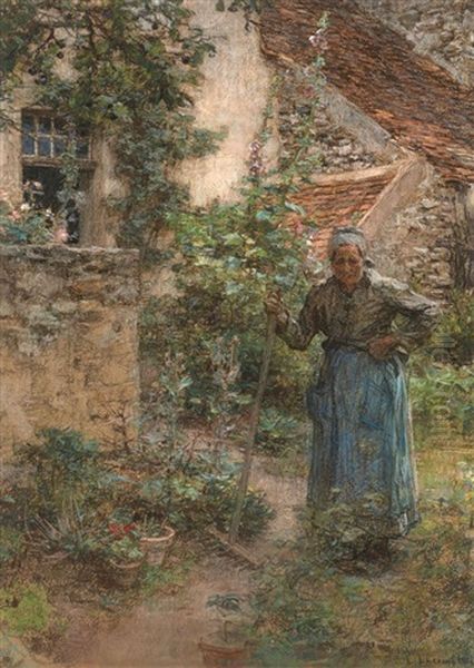 Vieille Femme Dans Son Jardin, Marie Drux Appuyee Sur Son Rateau Oil Painting by Leon Augustin L'Hermitte