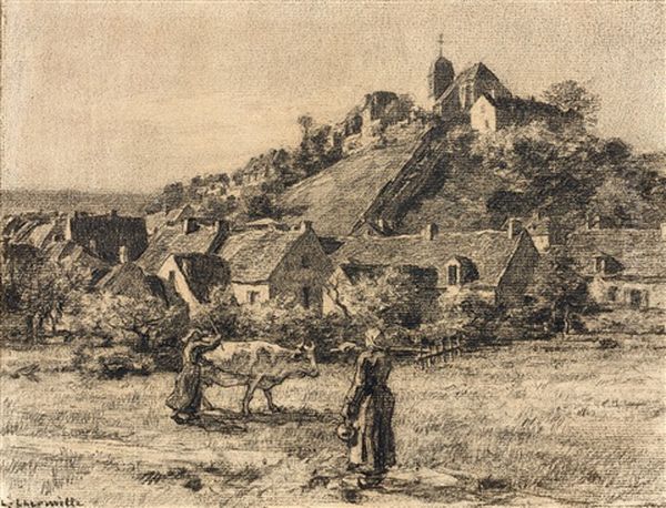 Paysannes Et Vaches Devant Le Village De Mont-saint-pere Oil Painting by Leon Augustin L'Hermitte