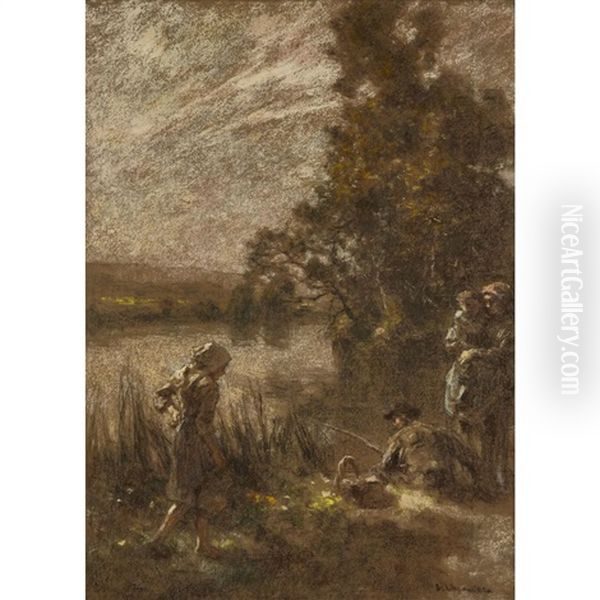 Peasant Family On A River Bank Oil Painting by Leon Augustin L'Hermitte