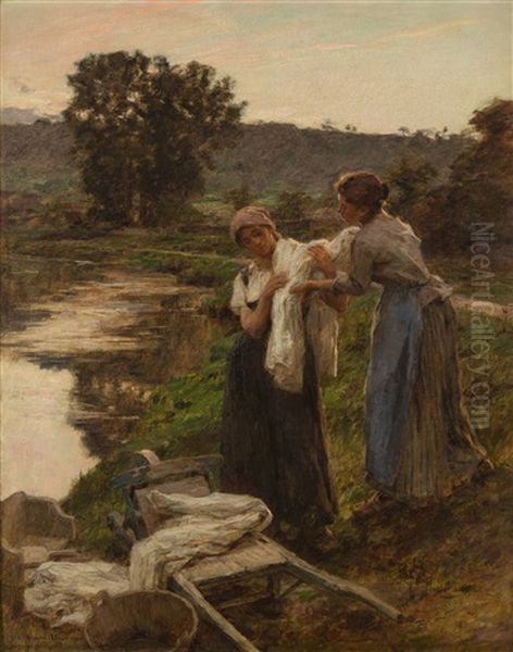 Depart Des Laveuses Le Soir Oil Painting by Leon Augustin L'Hermitte