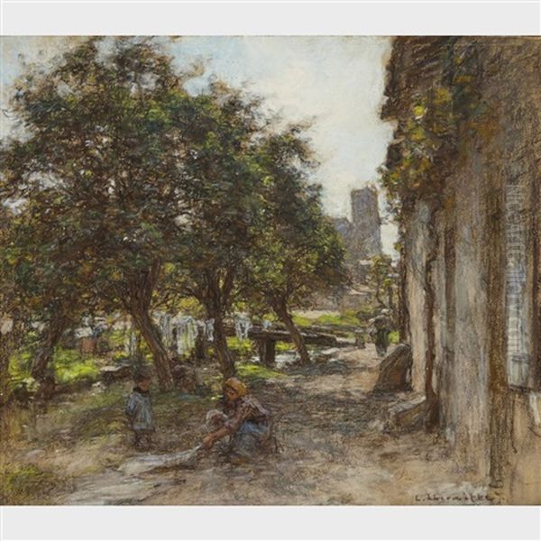 Washerwoman In A Sunlit Yard Oil Painting by Leon Augustin L'Hermitte