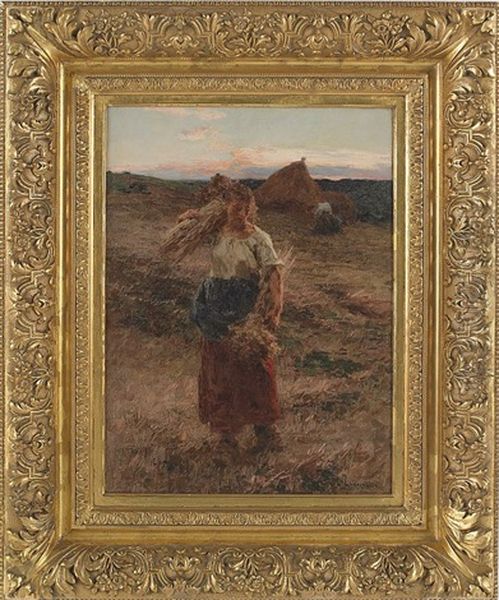 Landscape With A Peasant Woman Gathering Hay Oil Painting by Leon Augustin L'Hermitte