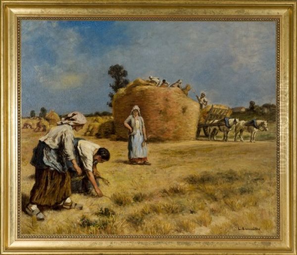 Scene Of Women Gleaning Wheat In A Field With A Large Haystack And Cart Oil Painting by Leon Augustin L'Hermitte