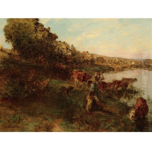 Troupeau Au Bord De L'eau Oil Painting by Leon Augustin L'Hermitte