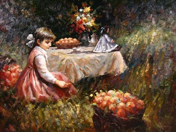 Girl With Apple Cart Oil Painting by Leon Augustin L'Hermitte