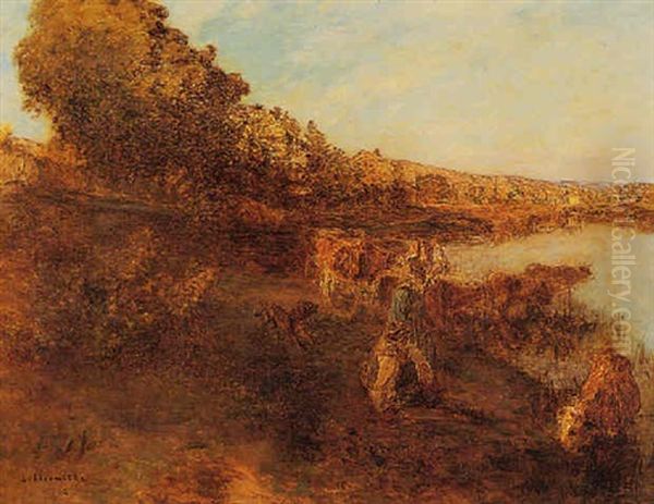 Herd By Water's Edge Oil Painting by Leon Augustin L'Hermitte