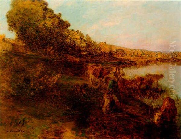 Herd By Water's Edge Oil Painting by Leon Augustin L'Hermitte