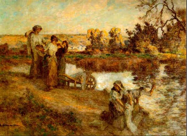 Laveuses, Bord De Marne Oil Painting by Leon Augustin L'Hermitte