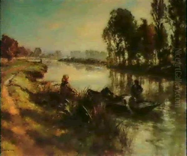 Au Bord De La Marne Oil Painting by Leon Augustin L'Hermitte