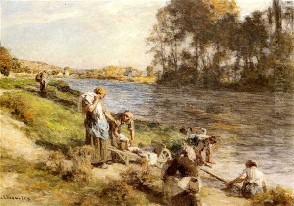 Lavandieres Au Bord De La Marne Oil Painting by Leon Augustin L'Hermitte