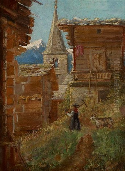 Coin De Village A Vissoye (valais)(le Matin) Oil Painting by Eugene-Louis L'Huillier