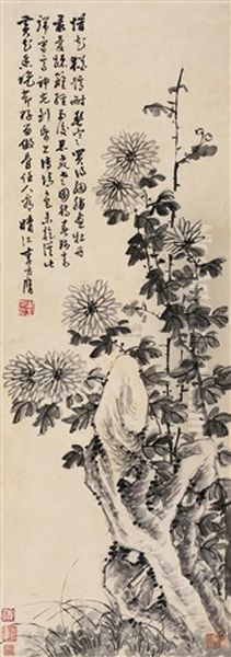 Chrysanthemum And Rock Oil Painting by  Li Fangying