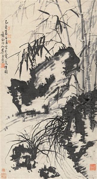 Bamboo And Rock Oil Painting by  Li Fangying