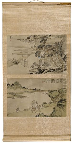 Two Landscapes With Figures  (2 Works Mntd Together On Hanging Scroll) Oil Painting by  Li Hengshi