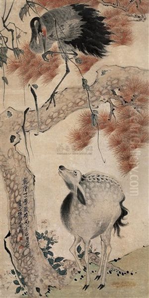 Deer And Crane Oil Painting by  Li Shan